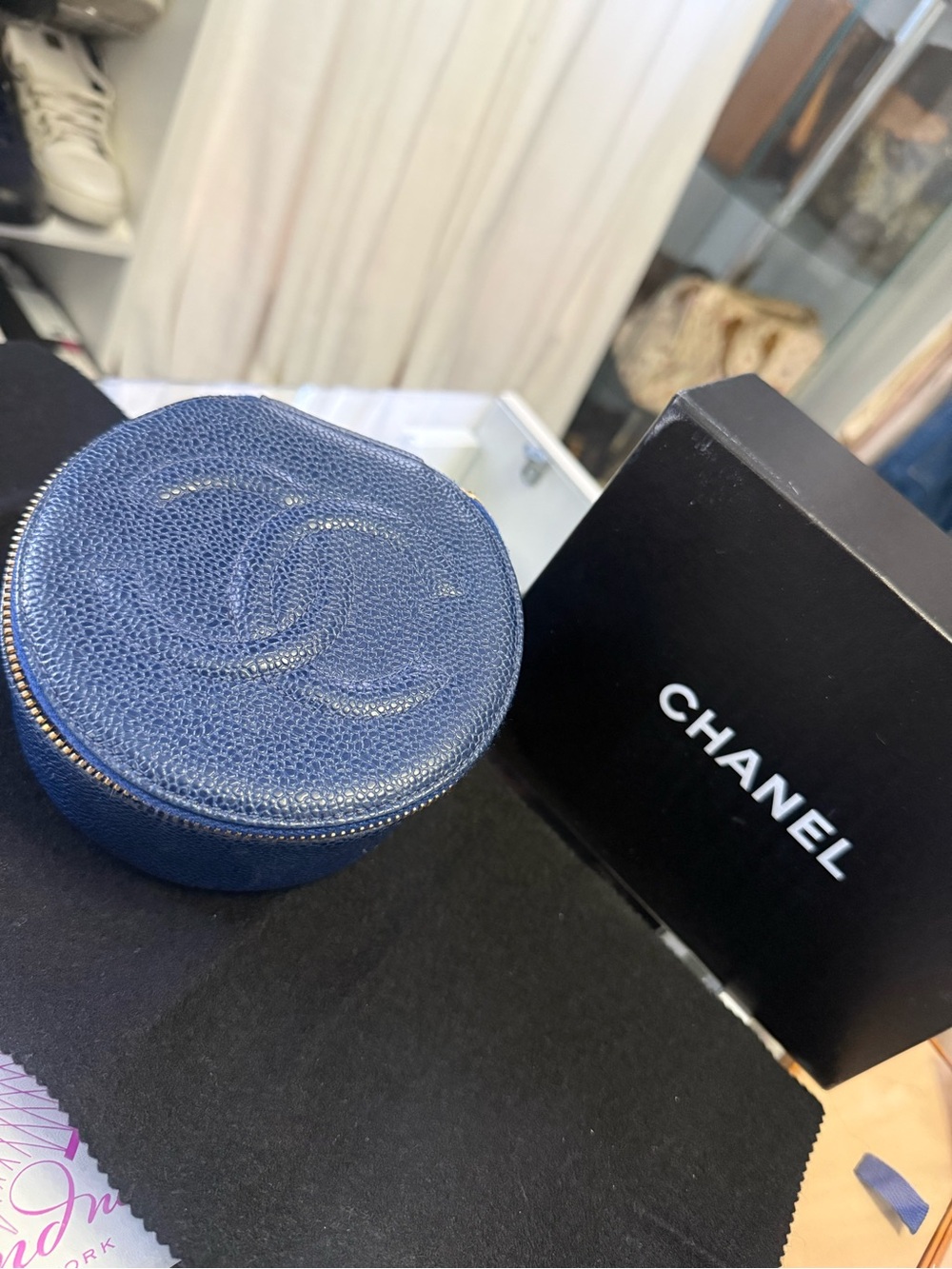 CHANEL Navy Caviar Leather Round Jewelry Case